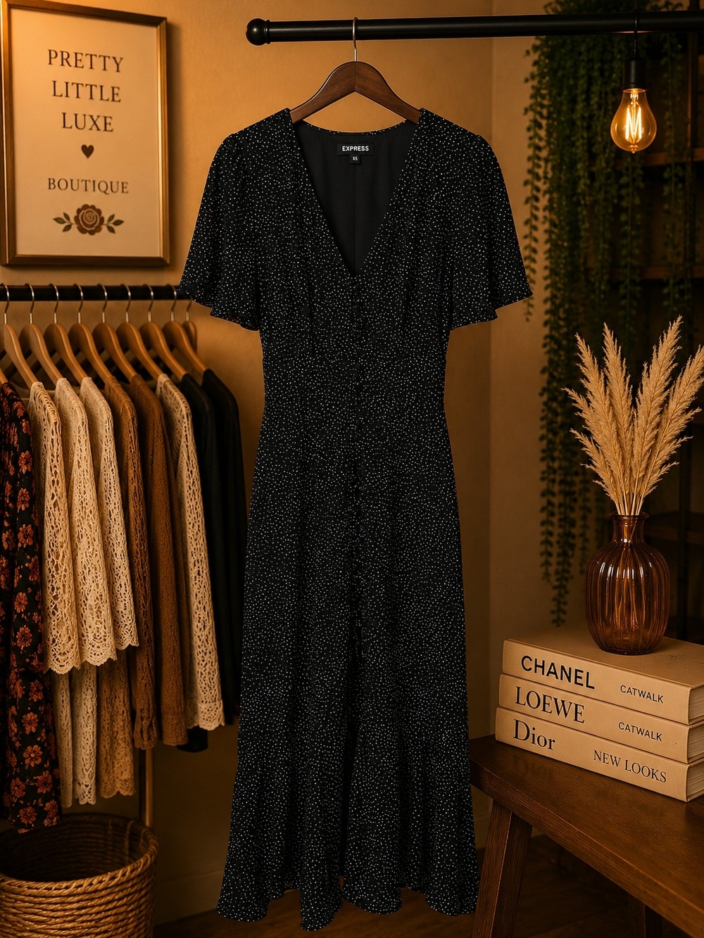 Express Black with White Dot Maxi Dress XS